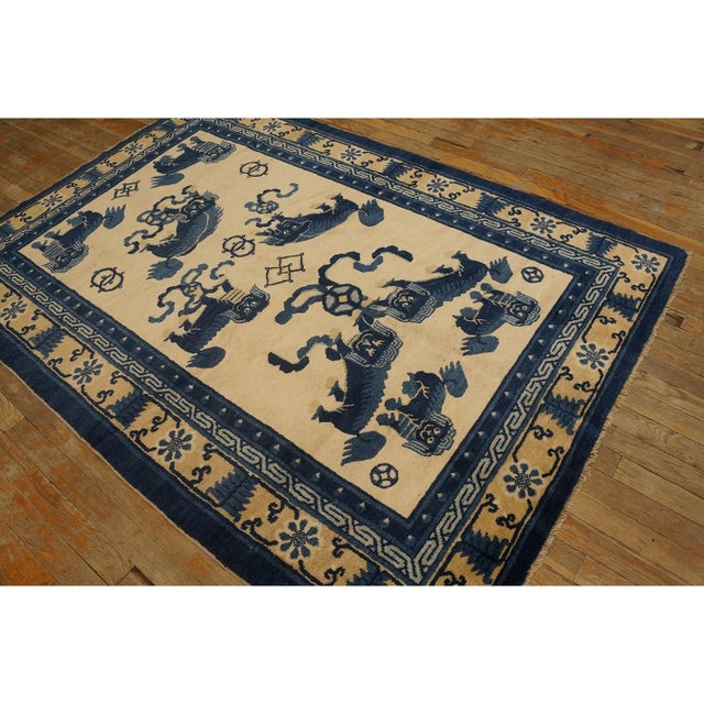 1880s Antique Small Blue and Ivory Chinese Ningxia Small Foo Dog Greek Key Rug For Sale In New York - Image 6 of 10