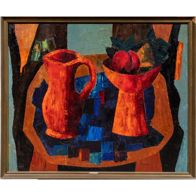 Tony Agostini (Italian, 1916–1990) Modernist Still Life With Pitcher, Vase and Fruit, 1959 Oil on Canvas Signed lower...
