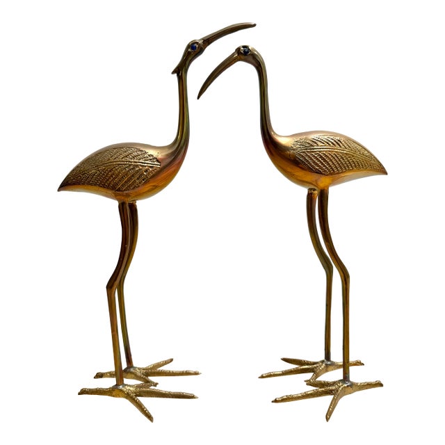 Brass Crane Figurines With Blue Glass Eyes - A Pair For Sale