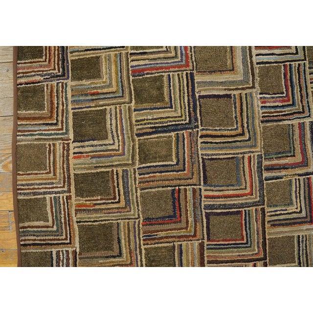1920s Multibrown Geometric Folk Art American Hooked Rug 4'8" X 5'6" Handknotted Wool Carpet For Sale - Image 4 of 7