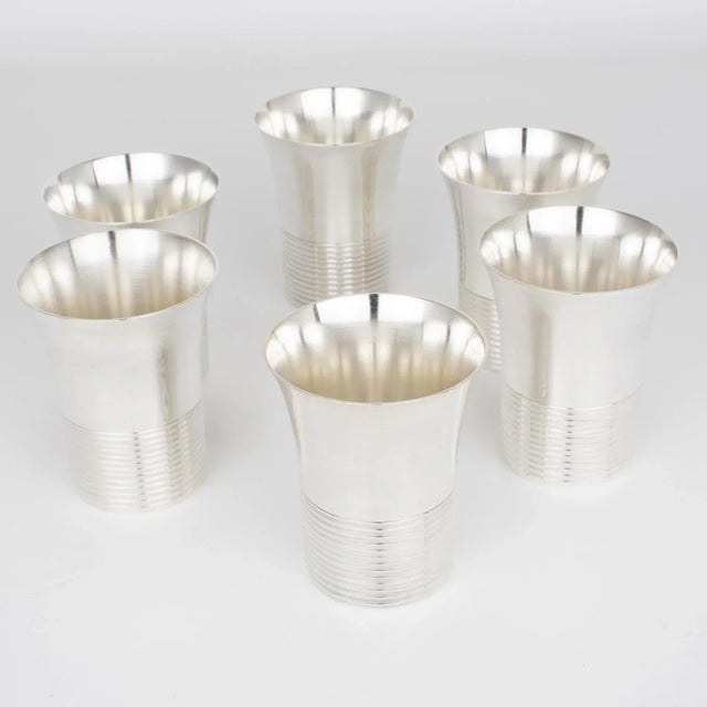 Art Deco Silver Plate Cocktail Shaker and Six Barware Glasses For Sale - Image 9 of 14