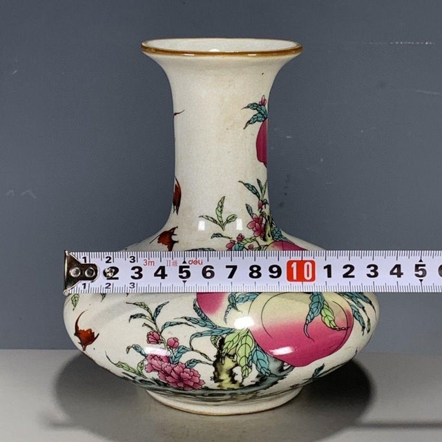 Chinese Vintage Chinese Crackle Glaze Famille Rose "Peaches & Bats" Vase With Poem For Sale - Image 3 of 9
