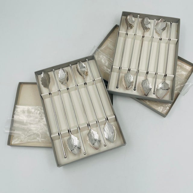 Mid-Century Modern Silverplate Leaf Design Cocktail Stirrer Straws Sipper Spoons Denmark - Set of 6 For Sale - Image 16 of 16