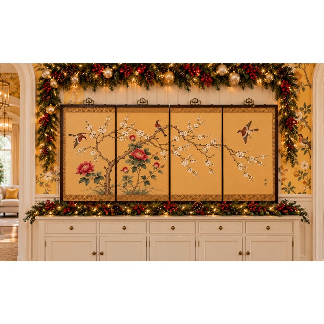 Gold The Poetry of Spring – Vintage Chinese Four-Panel Folding Screen, Hong Kong, Circa 1960s For Sale - Image 8 of 8