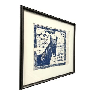 Mid 20th Century Wood Block Print "Blue Horse" by Fran Stewman For Sale