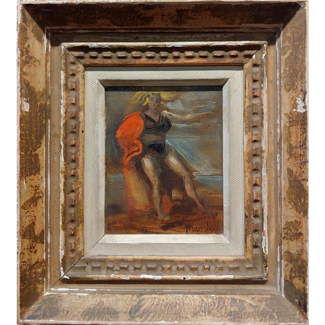 Reginald Marsh -Blonde Woman with a Red Cape on the Boardwalk -Oil painting Expressionist Oil on panel -Signed - circa...