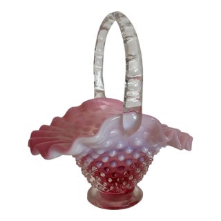 Mid 20th Century Fenton Art Glass Cranberry Opalescent Hobnail Basket For Sale