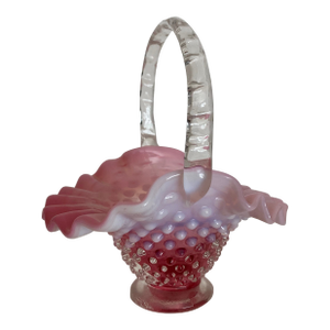 Mid 20th Century Fenton Art Glass Cranberry Opalescent Hobnail Basket