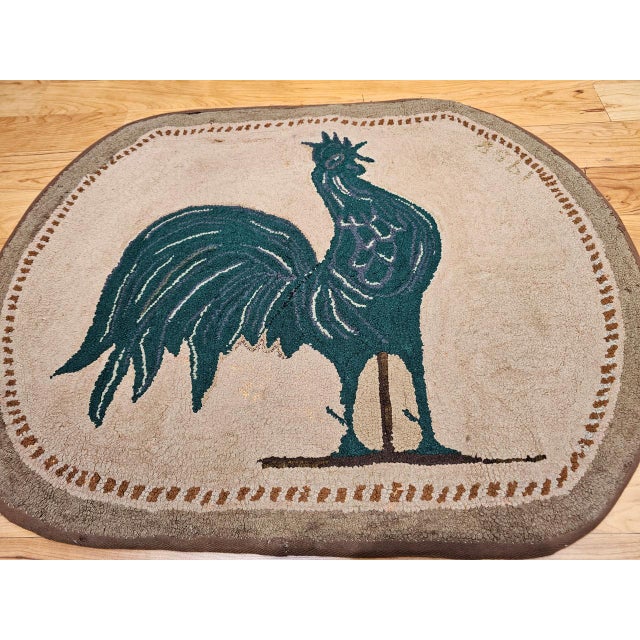Beige Vintage American Hand Hooked Rug, Wool & Cotton, Standing Rooster Design, 2x3 For Sale - Image 8 of 14