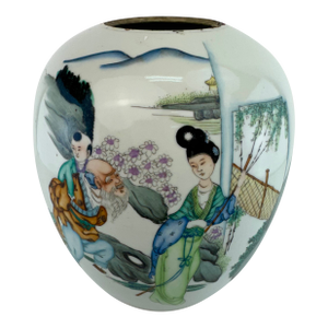 Vintage Hand-Painted Chinese Porcelain Jar With Courtyard Scene and Calligraphy, Lamp Ready
