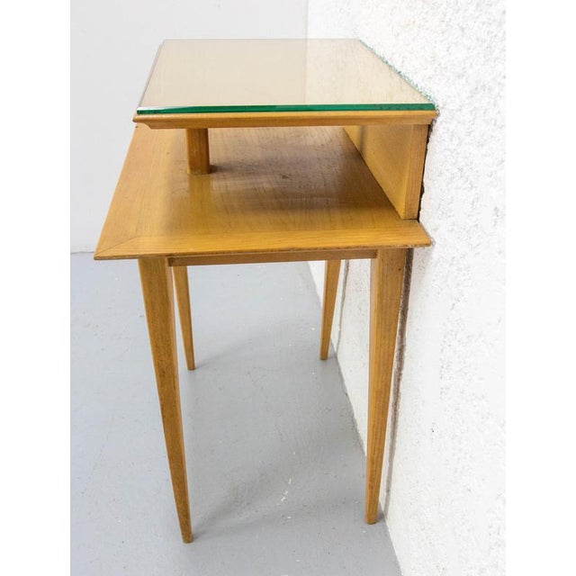 1950s French Nightstand in Elm & Beveled Glass with Compas Feet, 1950s For Sale - Image 5 of 13