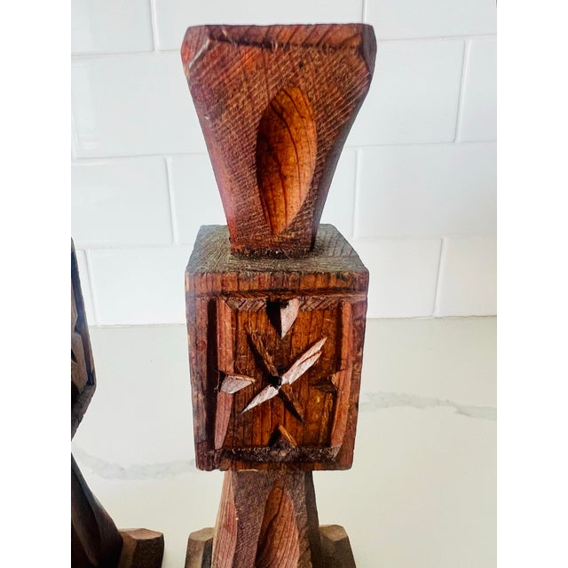 Folk Art Vintage Carved Wooden Candleholders- a Pair For Sale - Image 3 of 5