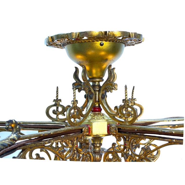 Red 1910s Cast Brass Semi Flush Ceiling Light With Red and Blue Embellishments Circa 1915 For Sale - Image 8 of 16