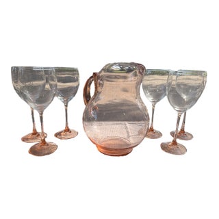 Pink Pitcher and 6 Pink Wine Glasses For Sale