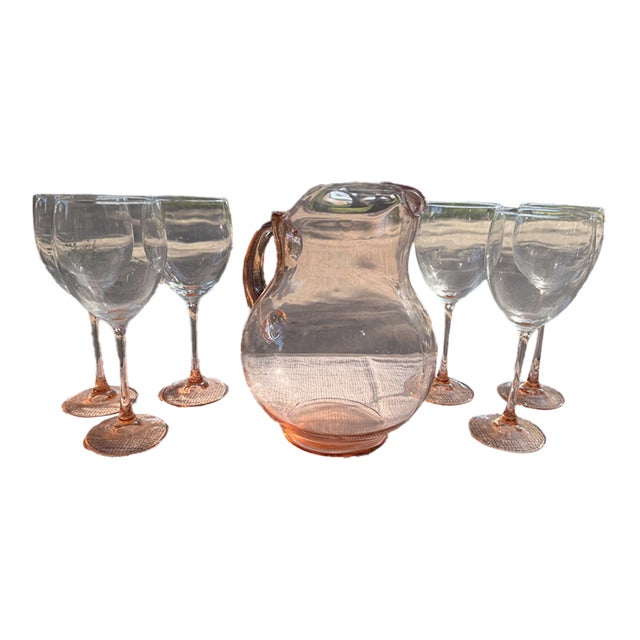Pink Pitcher and 6 Pink Wine Glasses For Sale