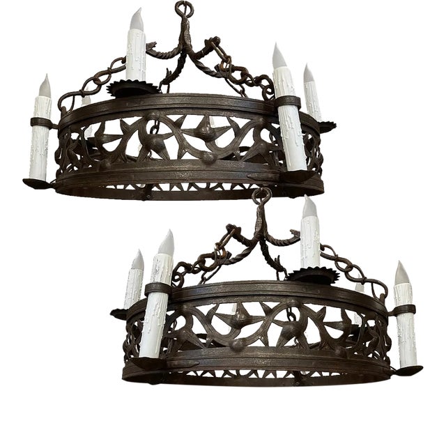 Pair Antique Country French Wrought Iron Chandeliers For Sale