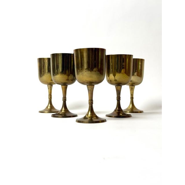 Gold Vintage Brass Wine Goblets with Worn Silvered Interiors, 1960s, Set of 5 For Sale - Image 8 of 13