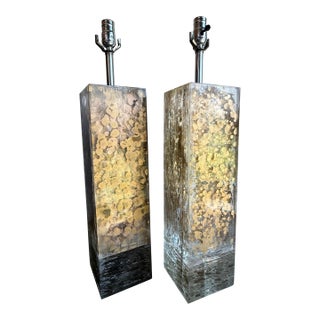 Vintage Heavy Pair of Fractal Resin Table Lamps - Gold Modernist Glam in Style of Romeo Rega Lucite - 20" Tall Rectangle Base For Sale