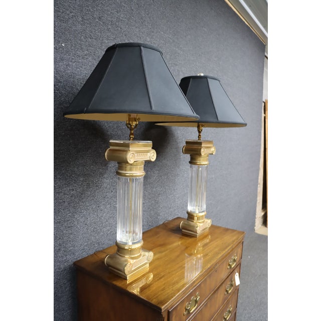 Neoclassical Style Pair of Design Guild Brass & Glass Column Lamps For Sale - Image 14 of 16