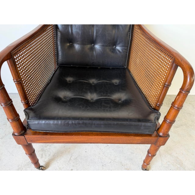 Brown 1970s Hickory Chair Regency Style Faux Bamboo Caned Lounge Armchair on Brass Casters For Sale - Image 8 of 12