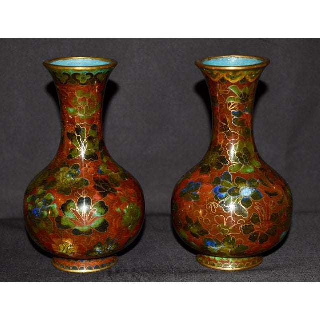 Chinese Vtg. Pair of Chinese Cloisonné Small Vases For Sale - Image 3 of 14