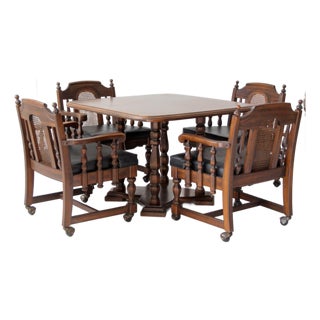 Vintage 1970s Colonial Revival Game Table Set With Four Cane Back Chairs For Sale