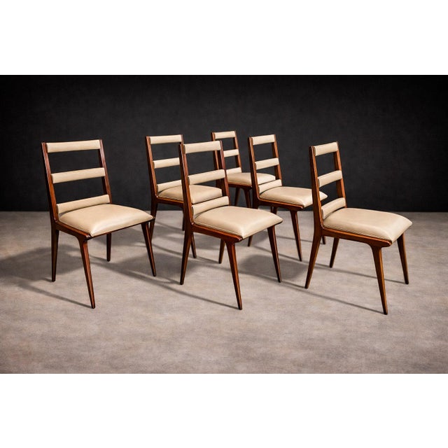 Wood Set of Six Chairs in Hardwood & Beige Leather, Unknown, 1950s For Sale - Image 7 of 12