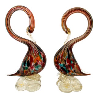 20th C. Italian Murano Multicolor Blown Glass Swan Figurines – A Pair – Venetian / Romantic For Sale