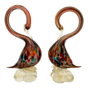 20th C. Italian Murano Multicolor Blown Glass Swan Figurines – A Pair – Venetian / Romantic