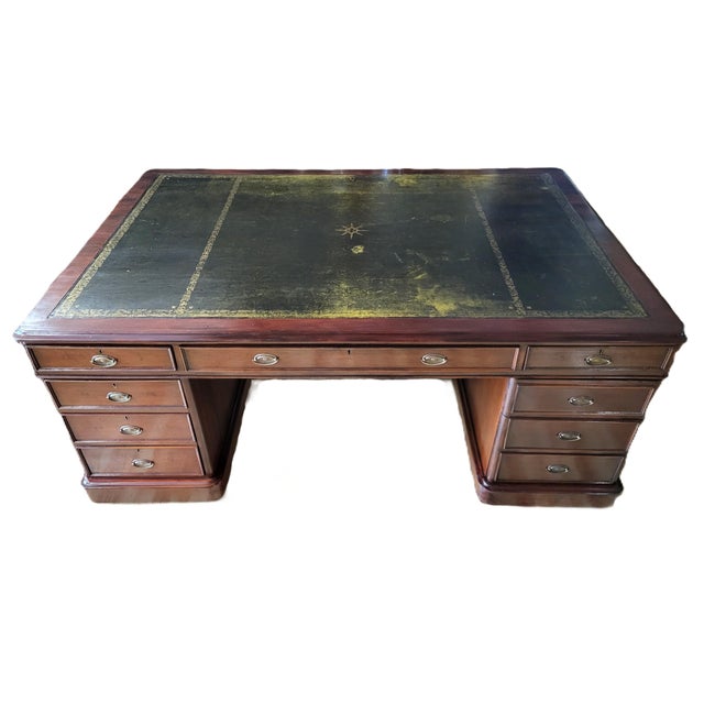American 19th C English Executive Mahogany & Gold Tooled Leather Top Partners Desk For Sale - Image 3 of 13