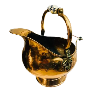 French Antique 19th Century Copper Coal Ash Scuttle Bucket Porcelain Handle & Brass Accent