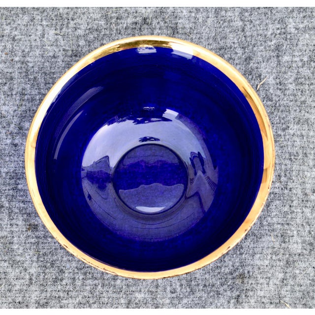 Vintage Cobalt Blue Glass Bowl Gold Rim Textured Pebble Art Glass For Sale - Image 12 of 15