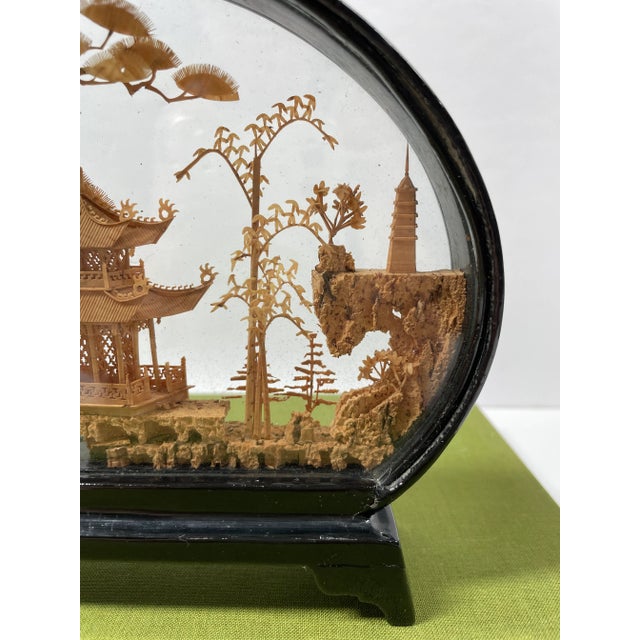 Mid 20th Century Vintage Chinese Cork Carving Pagoda Landscape 
