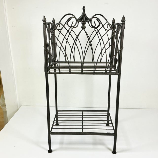 French Mid-Century Boho Chic French Style Fluer De Lis Folding Iron Plant Stand With Two Tiers For Sale - Image 3 of 11