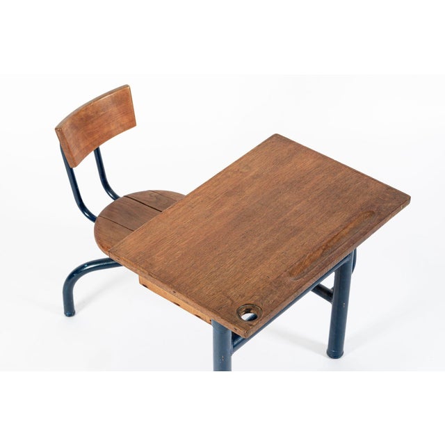 Vintage Antique Wood & Metal Child’s School Desk and Chair in the Style of Jean Prouvé For Sale - Image 10 of 14