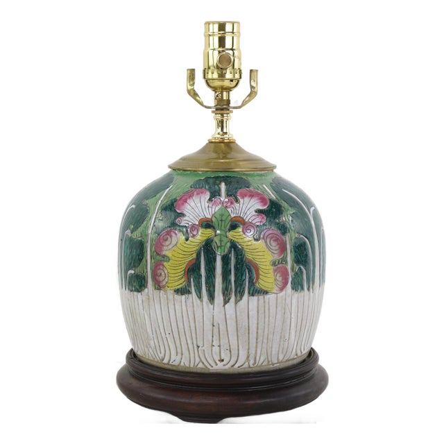 Antique Famille Rose Porcelain Bok Choy Table Lamp With Cabbage Leaf and Butterfly Motif For Sale