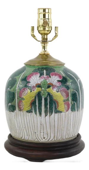 Antique Famille Rose Porcelain Bok Choy Table Lamp With Cabbage Leaf and Butterfly Motif
