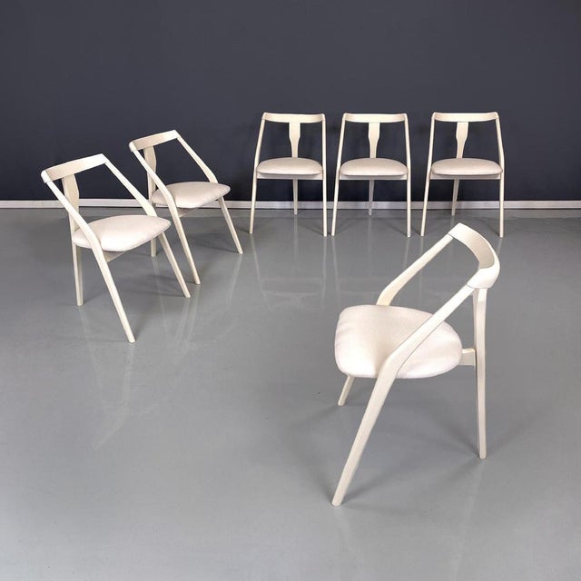 Italian mid-century modern white wood and fabric chairs, 1960s Set of six chairs with white lacquered wooden structure...
