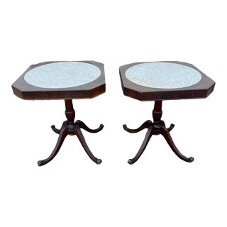 Antique Early 20th Century Regency Style Flame Mahogany Marble Top Side Tables For Sale