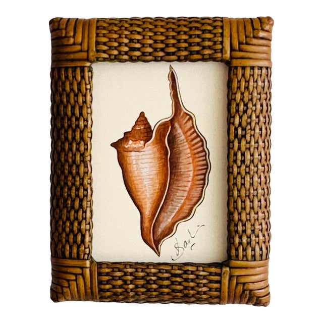 Original Hand-Painted Seashell Painting in a Vintage Rattan Frame For Sale