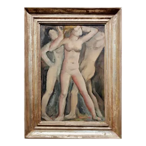 1929 Three Nude Female Figures -Early Fauvism Oil Painting