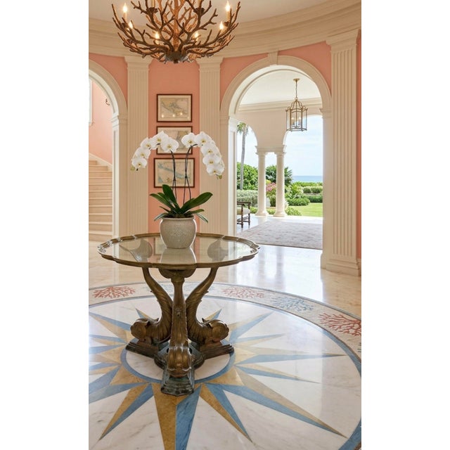 1980s Hollywood Regency Triple Dolphin Bronze Center Table With Scalloped Glass For Sale - Image 10 of 12