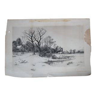 Antique George William Bohde Signed Barn Pond Landscape Etching 31" For Sale