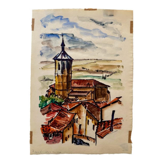 Henry Emil Salloch Original Watercolor on Paper Iglesia De Santiago, 1973. For Sale