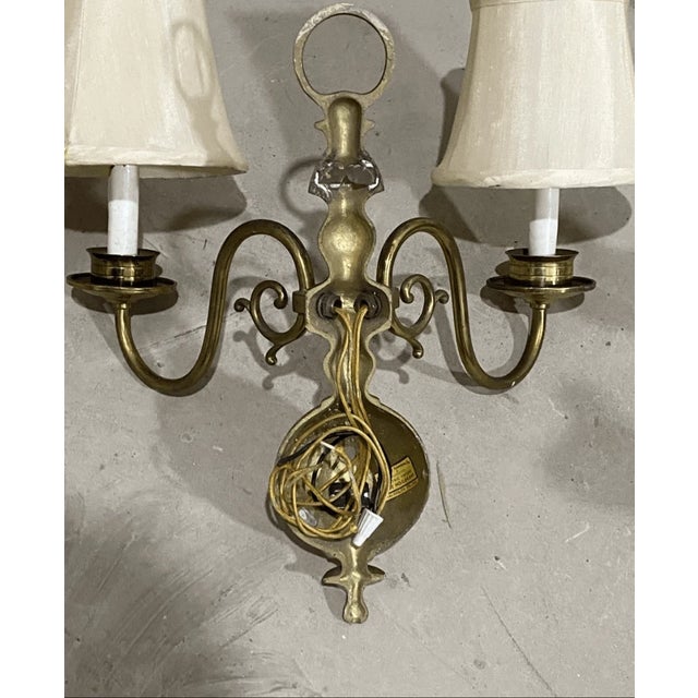 Early 20th Century Vintage Dutch Colonial Style Brass Two Light Wall Sconce With Shad For Sale - Image 5 of 5