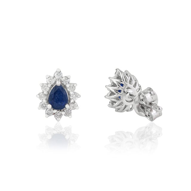 Blue Sapphire & Diamond Vintage Stud Earrings in 14k Gold- 2 Pieces For Sale In New York - Image 6 of 14