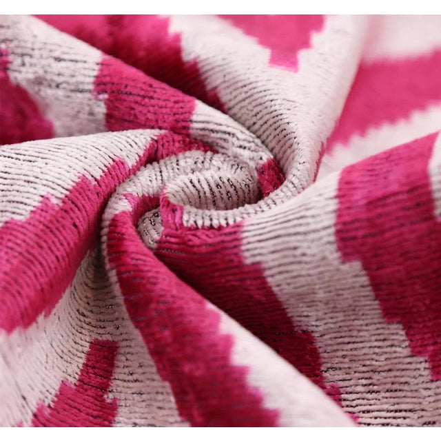 Mid-Century Modern Luxury Silk Velvet Pillow 16x24 – Handmade Fuchsia & Ivory Concentric Lumbar Cushion For Sale - Image 3 of 8