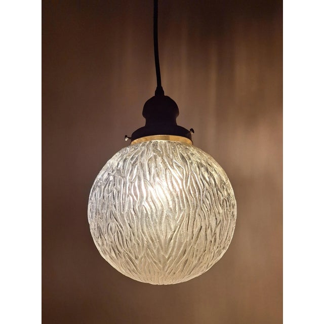 Vintage Spherical Ceiling Lamp with Relief Glass Shade on a Brass Mount, 1970s For Sale - Image 3 of 7