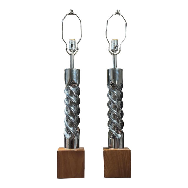 Pair of Vintage Postmodernist Chrome Twist Table Lamps For Sale