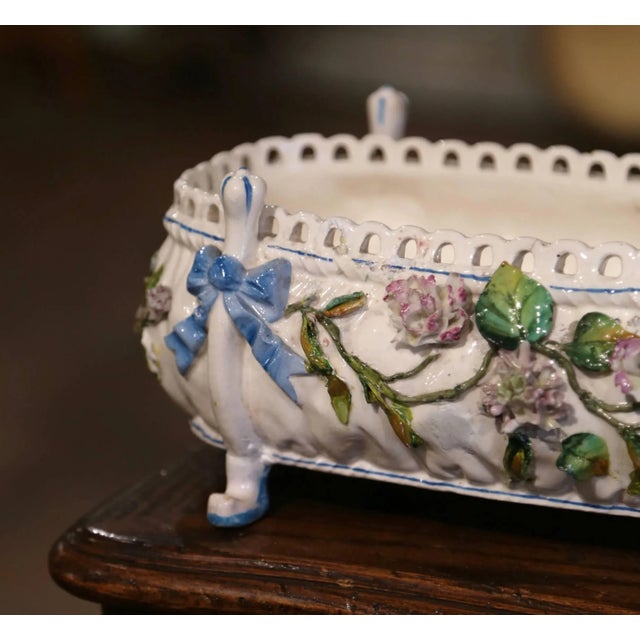 French 19th Century French Painted Porcelain Barbotine Jardiniere With Floral Motifs For Sale - Image 3 of 10